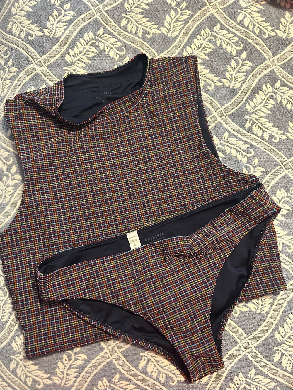 Athleta Navy Lined Multicolor Plaid Crop Top